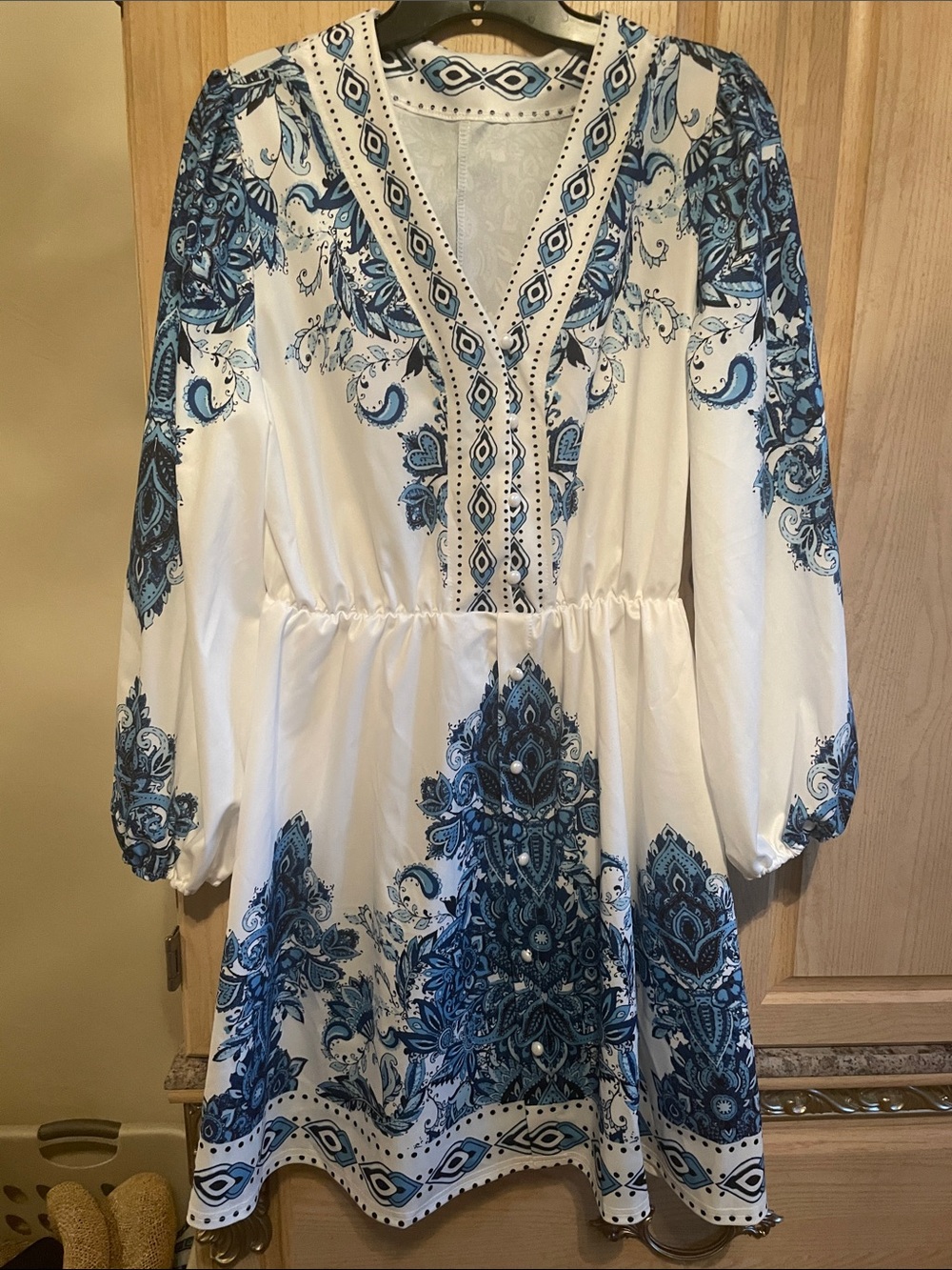 White Boho V-Neck Dress with Blue Paisley Print